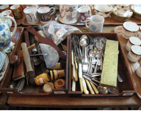 Tray of assorted loose plated cutlery together with tray of other items to include treen barrel, other treen items, Meerschau