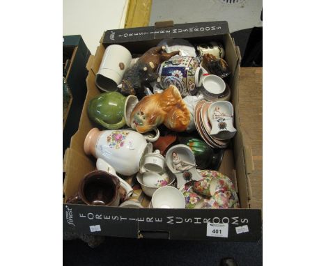 Tray of assorted china to include ceramic dog figures, floral plates, James Kent Fenton Dubarry  egg cups on stand, teapots e