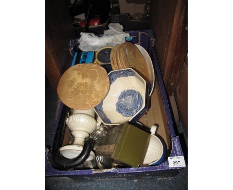 Tray of assorted items to include ebonised walking stick, modern pair of binoculars, Dartmouth urn shaped vase, loose plated 