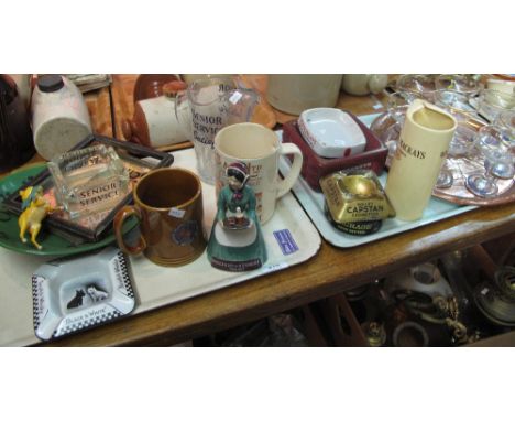 Two trays of various breweriana items to include: Scotch Whiskey, Black & White ashtray; other ashtrays; Johnnie Walker coppe