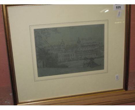 British School, study of a Stately home with seated figures, pencil sketch.  Framed and glazed.