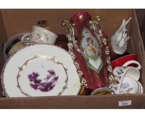 Box of assorted china and glass to include: Royal Worcester bone china 'The Chamberlain' dinner plates; Aynsley 'Wild Tudor' 