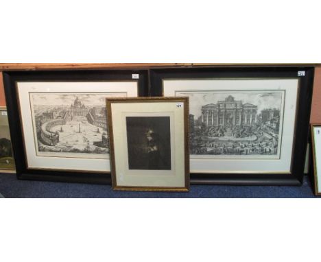 After Cavalier Piranesi, a pair of Italian city prospects, restrike engravings, together with a framed portrait study after t