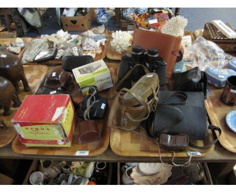 Collection of assorted binoculars in cases together with Photax Stella colour viewer, vintage cameras, Argus previewer for co