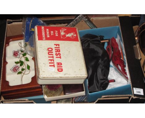 Tray of assorted items to include Ladies shoes, various jewellery boxes, Stratton compacts including hunting scene, cigarette