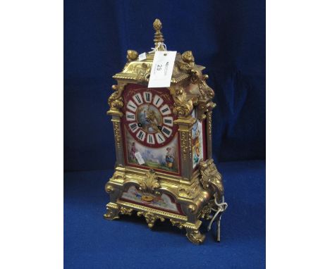 19th Century porcelain and gilt metal two train mantel clock depicting figures in a landscape and a panel of a lute, having b