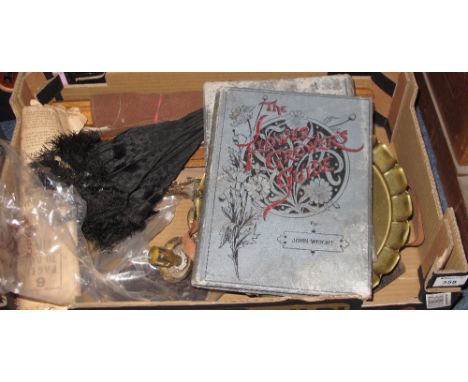 Tray of assorted items to include 'The flower growers guide' by John Wright, feather ladies fan, mother of pearl and other la