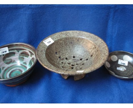 Art pottery shallow dish, impressed mark.  Together with Art pottery fruit bowl, impressed mark made in Cley, and similar art