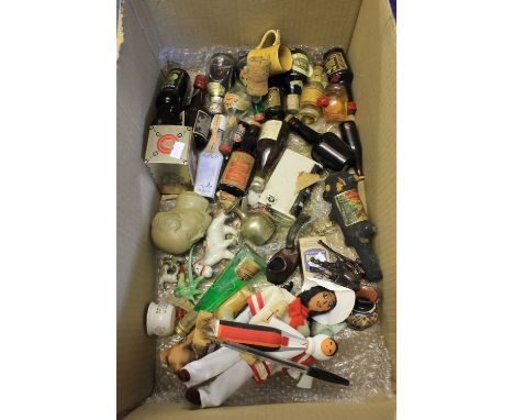 Box of assorted alcohol miniatures and collectables to include: vases; Silvac animals and other dogs etc.; horse ornaments; c