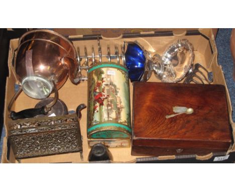 Tray of assorted items to include 19th Century Rosewood workbox with assorted loose and plated cutlery including caddy spoons