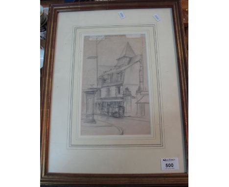 Frank Lewis Emanuel, (British, 19th/20th Century), 'Old Curiosity Shop Grande Rue Dinan', pencil sketch, signed.  Framed and 