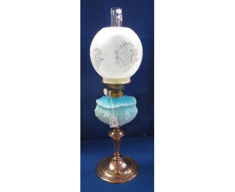 Early 20th Century copper Duplex double burner oil lamp with pale blue reservoir, etched shade and clear glass funnel.