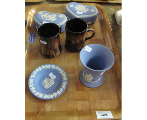 Wedgwood blue and white Jasper ware heart shaped trinket boxes together with a waisted vase, pin dish and two modern Ewenny p