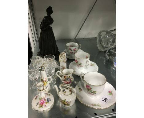 Seven various miniature Hammersley bone china items together with three china coffee cups and saucers, four glass tots and a 