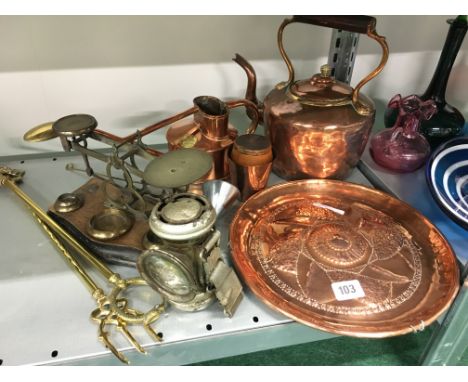 A collection of various copper items together with a set of postal scales.