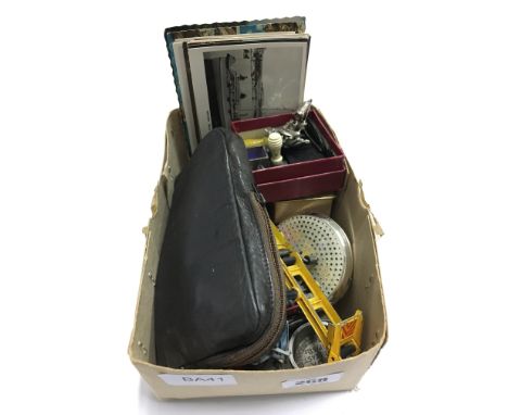 A carton of collectables together with a Military compass.