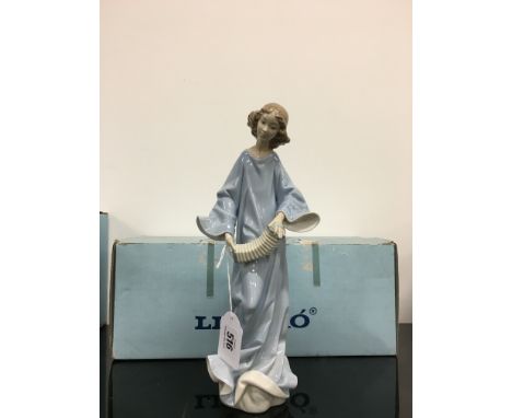 A Lladro china figure modelled as a girl in long dress playing a squeeze box.