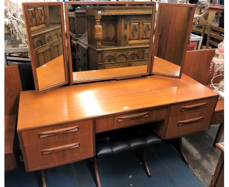 VINTAGE G PLAN KNEEHOLE DRESSING TABLE WITH TRIPLE MIRROR AND STOOL