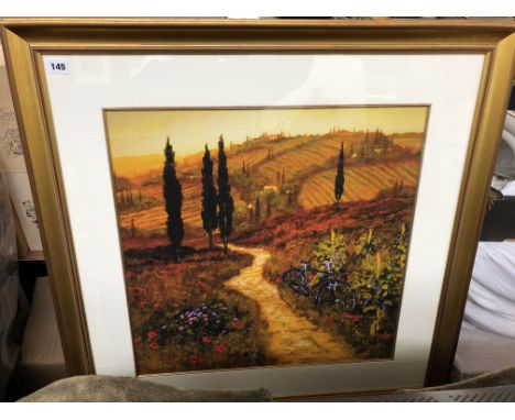 PRINT OF BICYCLE IN ITALIAN LANDSCAPE ENTITLED DOWN THE LANE BY STEVE THOMAS F/G 33 X 30CM APPROX