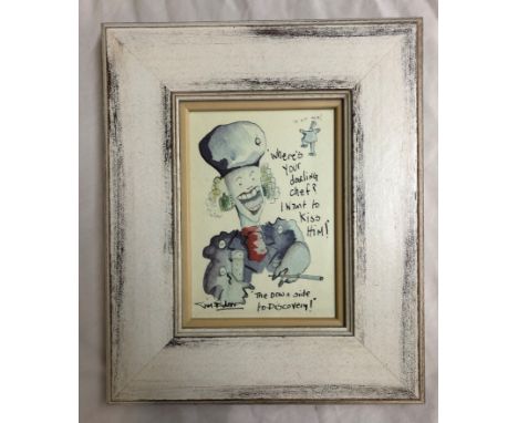 COMMISSIONED PRINT ENTITLED THE DOWNSIDE TO DISCOVERY BY TIM BULMER F/G WITH DESSERTS AND TEA/COFFEE MENU VERSO 14 X 20CM APP