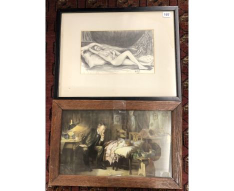 CHARCOAL AND PENCIL SKETCH OF A RECLINING NUDE BY V. WEST 12/69 AND A FRAMED AND GLAZED PRINT