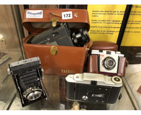 YASHIKA CINE CAMERA IN CASE, KODAK COLOUR SNAP 35 CAMERA, CORONET AND A ZEISS IKON CAMERA