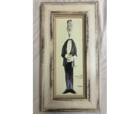 COMMISSIONED PRINT ENTITLED SERVICE WITH A SMILE OF THE WAITER BY TIM BULMER F/G WITH MENU VERSO 14 X 41CM APPROX