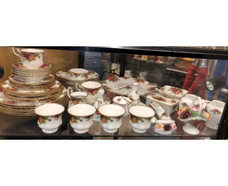 SHELF OF ROYAL ALBERT OLD COUNTRY ROSES TEA SET AND DINNER PLATES, ORNAMENTAL PIN DISHES AND WALL CLOCK