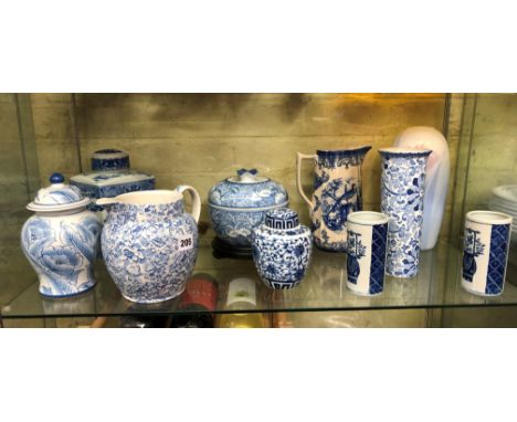 SHELF OF REPRODUCTION CHINESE AND VICTORIAN BLUE AND WHITE WARE TEA CADDY, SPARROWBEAK JUGS, SLEEVE VASES