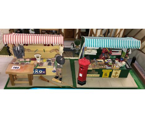 SCALE MODEL OF THE BUTCHER'S AND HABERDASHERY MARKET STALLS, INCLUDING RED POST BOX