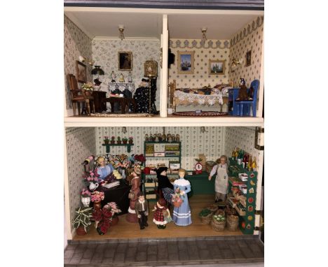 SCALE DOLL'S HOUSE MODEL ENTTLED JENNY'S OF THE GROCERY AND FLORIST SHOP, INCLUDING ROOM CONTENTS