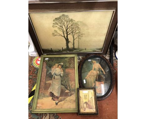 LITHOGRAPHIC PRINT F/G OF MOTHER AND CHILD, A SCHLITZ ADVERTISING PRINT IN OVAL FRAME, SMALL PRINT AND ONE OTHER