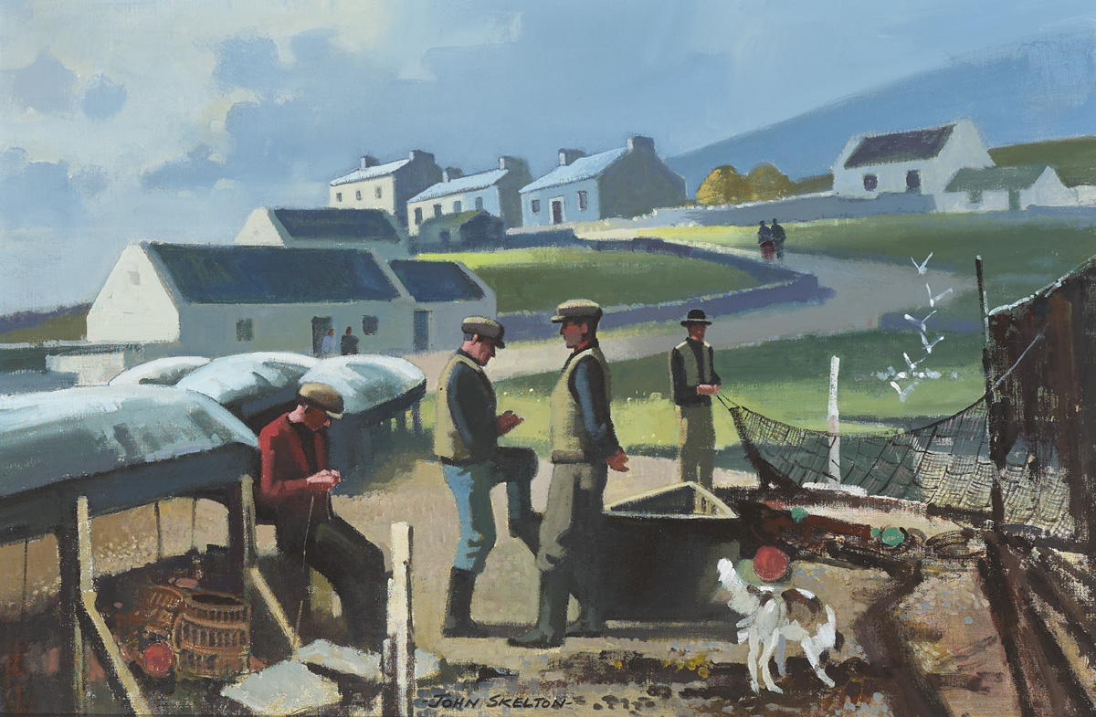 John Skelton (19232009) FISHERMEN MENDING NETS oil on canvas signed