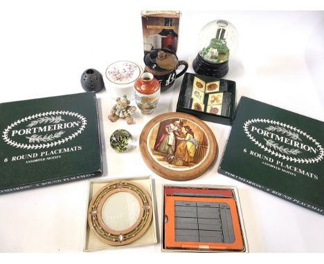 Two boxed sets of six round Portmeirion place mates (assorted motifs), a plaque, a set of pressed flowers, a paperweight, a H