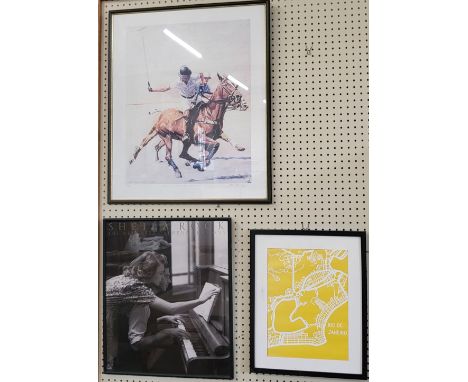 A collection of five works of art including a limited edition print of a polo player by Kennedy 188/400, a black and white pr