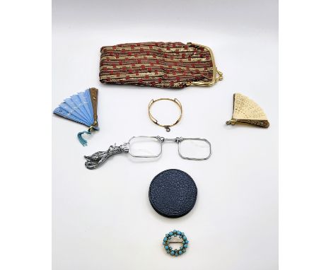 A pair of cased lorgnette glasses with can be worn as a brooch set with marcasites in a leather pouch, two miniature faux fan