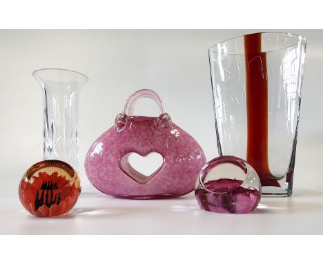 A collection of glassware including two Caithness paperweights, a pink handbag vase, a Murano-style vase, and a cut glass vas
