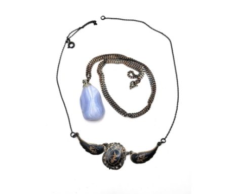 A blue banded agate pendant on a silver curb link chain 60cm (25.5gms all in), and a Thai silver articulated necklace (7.0gms