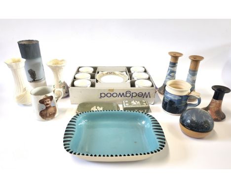 A Wedgwood coffee set, Belleek, art pottery dish by Langley, Wedgwood, and orange tree pattern.