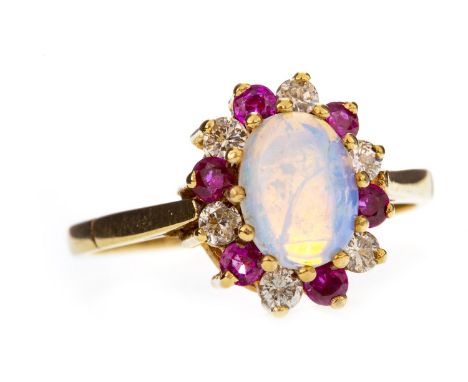 OPAL, CREATED RUBY AND DIAMOND RING, the central oval opal surrounded by alternating created rubies and diamonds, in nine car