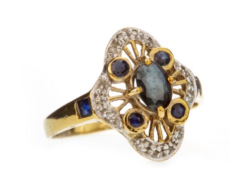 BLUE GEM AND DIAMOND RING, the open work bezel set with oval and round blue gems, with diamond chips set to the border, each 