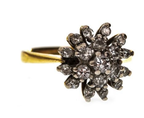 DIAMOND CLUSTER RING, set with round brilliant cut diamonds totalling approximately 0.40 carats, unmarked, size K, 3.4g