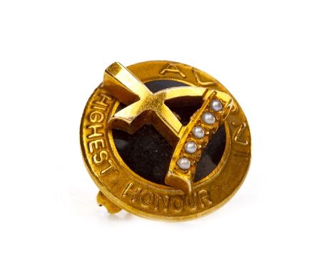 AVON BROOCH, of circular form, with central enamelled section with overlaid seed pearl set A, with AVON HIGHEST HONOUR moulde