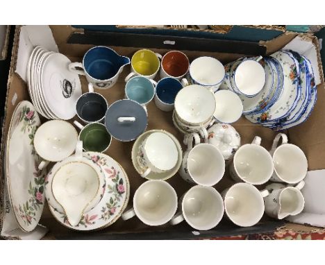 Three boxes of sundry china wares to include Susie Cooper coffee cans, saucers, sugar bowl and milk jug, Wedgwood tea wares, 