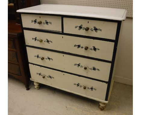 A later painted Victorian chest of two short over three long graduated drawers on turned legs 97 cm wide x 45 cm deep x 99 cm