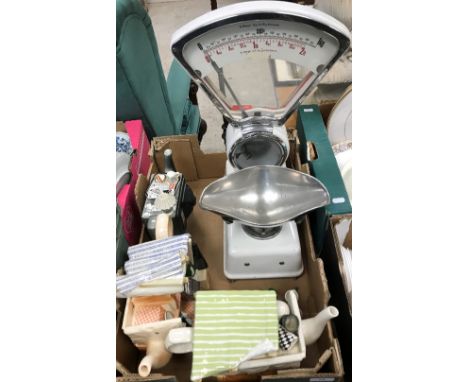 A pair of enamelled shop scales with both metric and Imperial measurements inscribed "WE Pollard &amp; Sons" to front, togeth