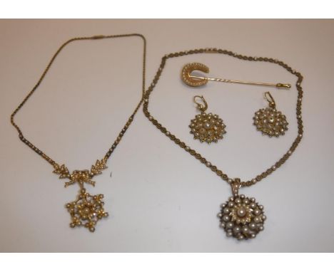 A collection of seed pearl jewellery yellow metal mounted including flowerhead brooch as a pendant on matching foliate and bo