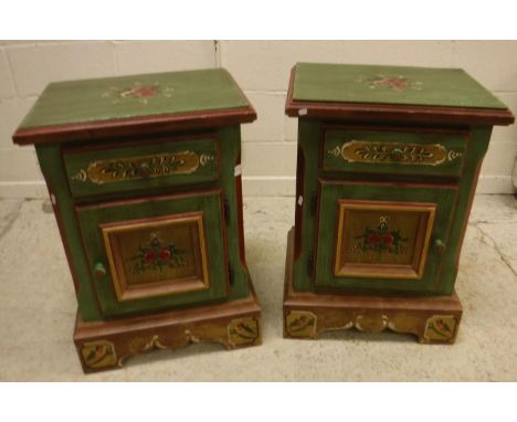 A pair of modern Voglauer painted pine bedside cabinets with drawer over cupboard door on a bracket foot base, 52 cm wide x 3