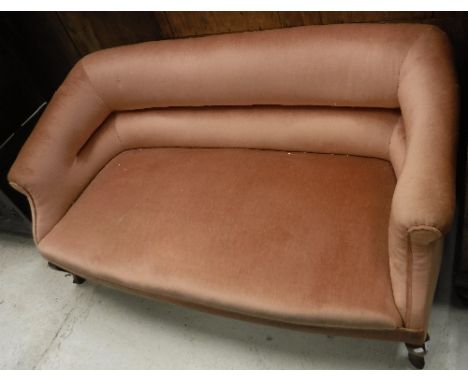 An early 20th Century upholstered salon sofa with scroll arms on cabriole front legs, 148 cm wide x 72 cm deep x 72 cm high