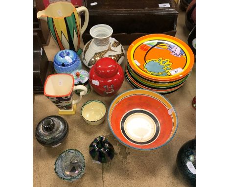 A collection of various Art Deco design pottery including a Clarice Cliff "Bizarre" octagonal jug with stylised geometric pat